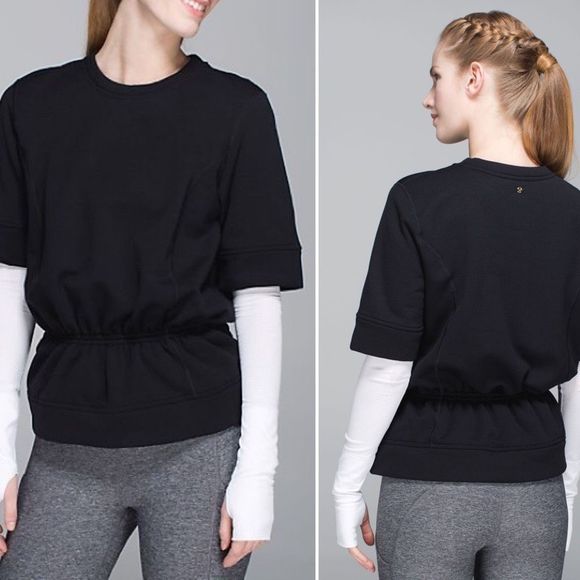Lululemon Peplum Pullover 6 Black Women Short Sleeve Fleece Sweatshirt Top - Picture 5 of 6